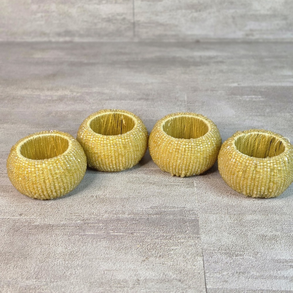 Tahari Home Lot 4 Beaded Golden Yellow Chunky Napkin Rings Dinner Party Holiday